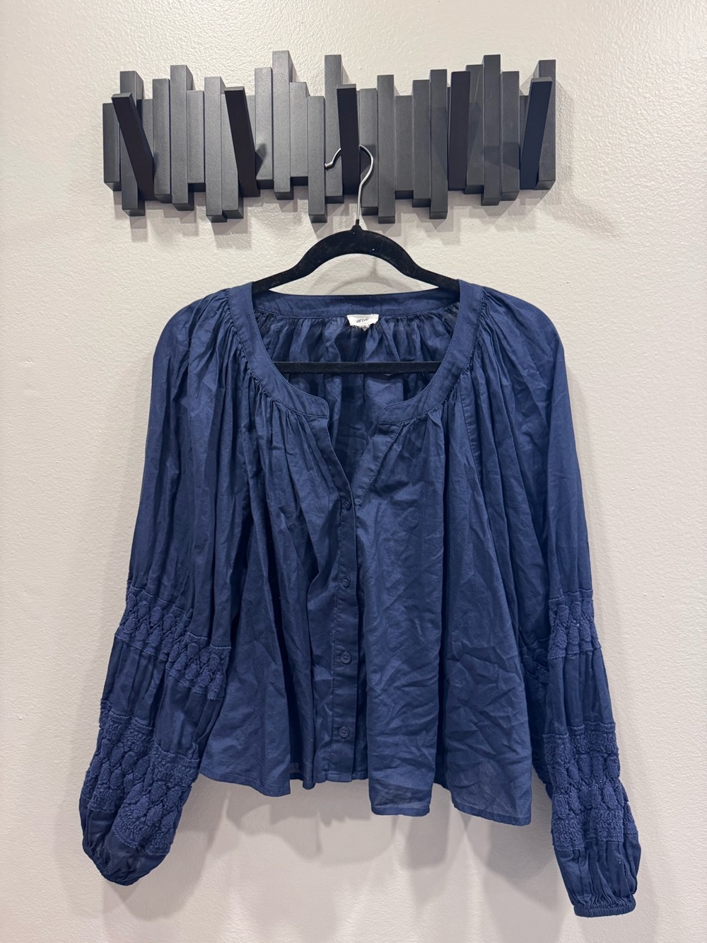 aerie Navy Button-Front Peasant Top with Smocked Sleeves